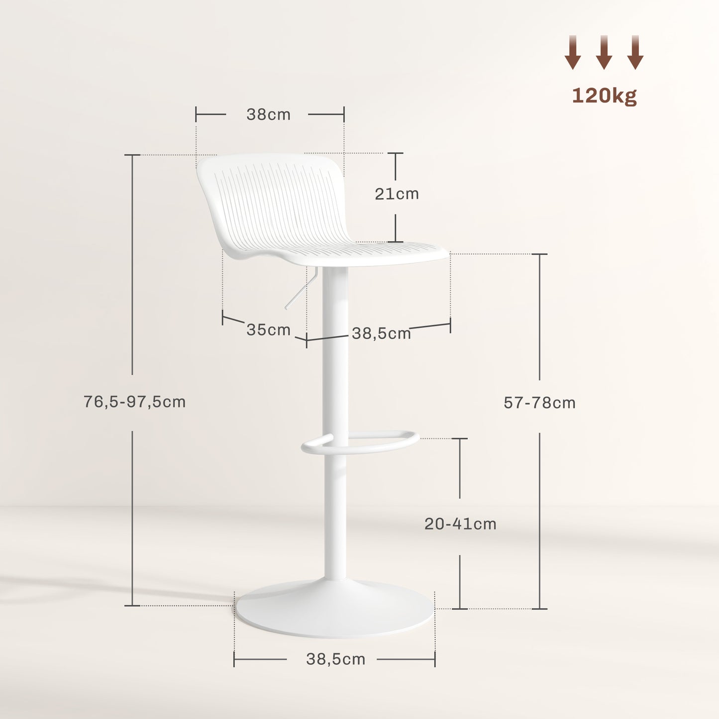 HOMCOM Conjunto de 2 Taburetes Altos de Cocina Sillas Altas de Cocina Giratorias con Respaldo y Altura Ajustable Carga 120 kg para Bar Salón Comedor Blanco