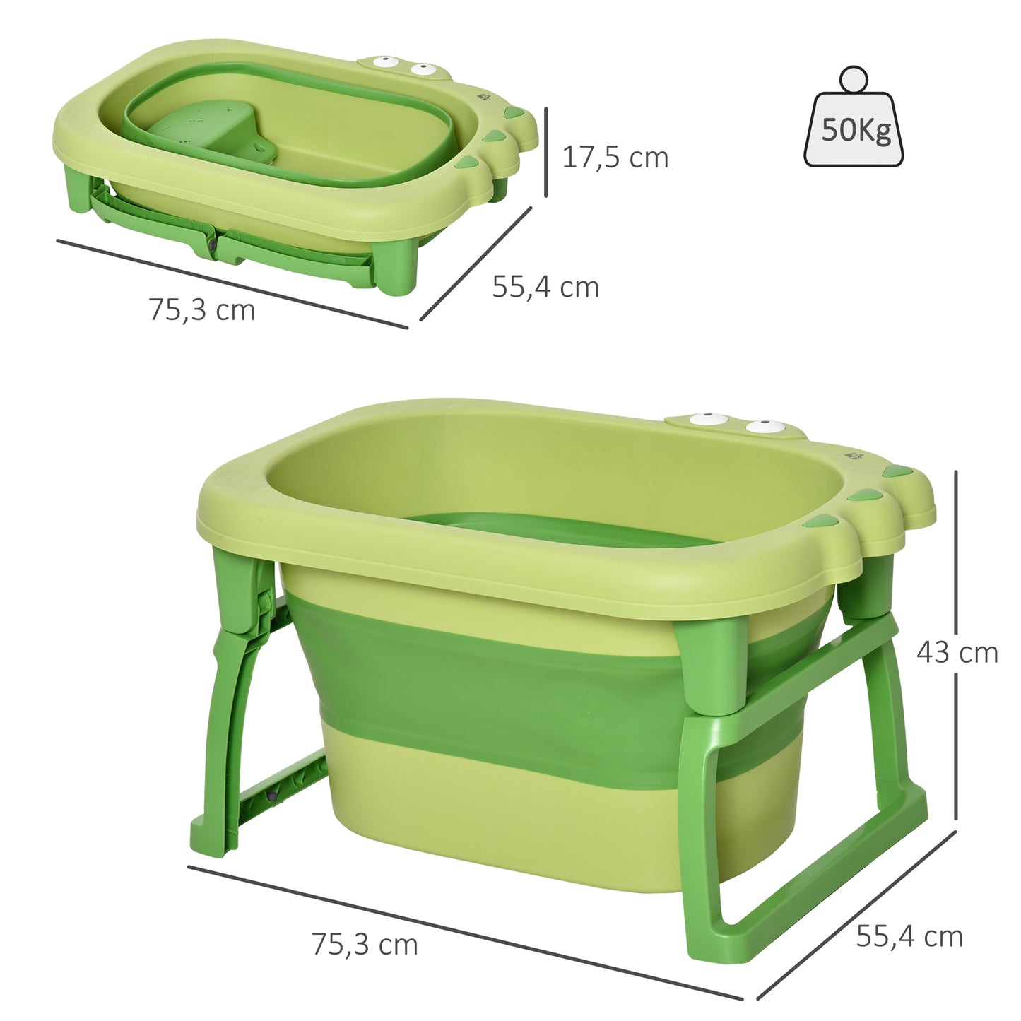 HOMCOM Bañera Plegable para Bebé de 0-3 Años Capacidad 105L Bañera Portátil para Niños con Patas Antideslizantes y Orificio de Drenaje Carga 50 kg 75,3x55,4x43 cm Verde