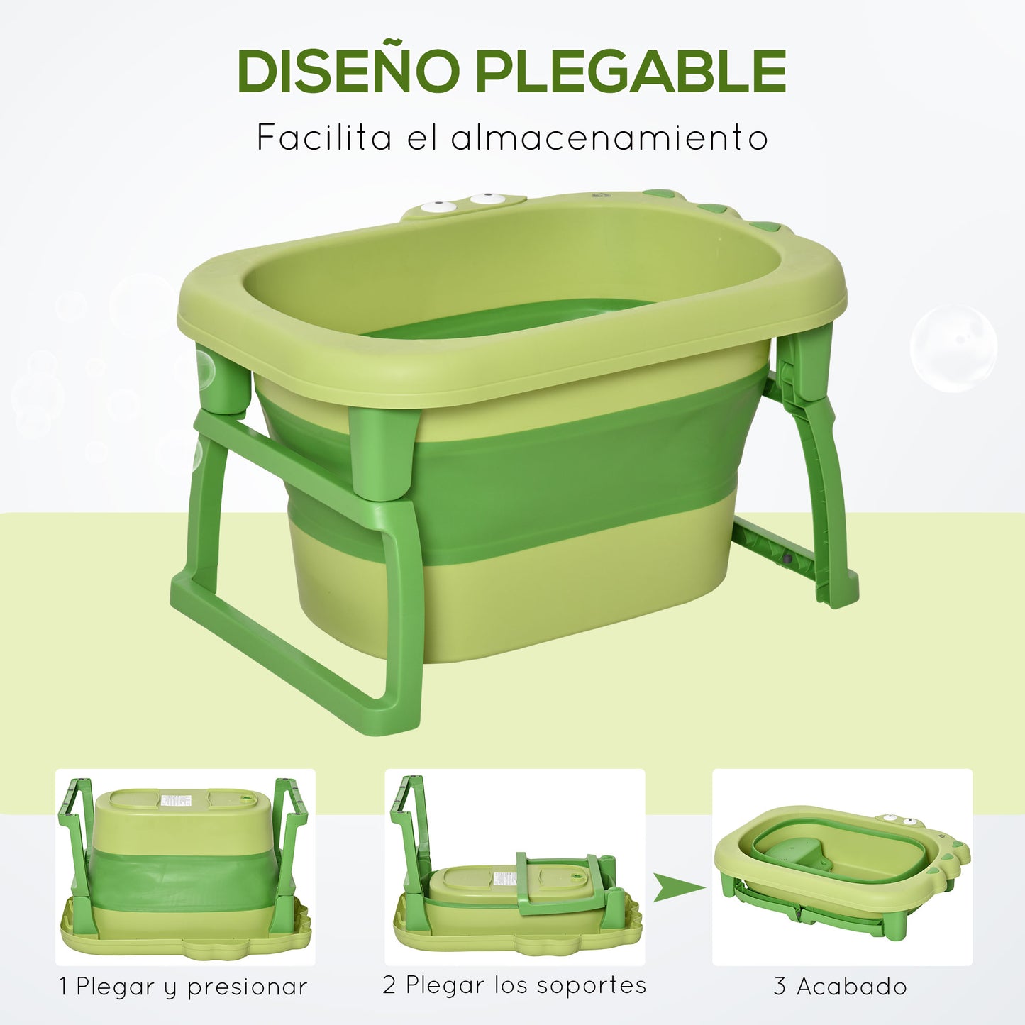 HOMCOM Bañera Plegable para Bebé de 0-3 Años Capacidad 105L Bañera Portátil para Niños con Patas Antideslizantes y Orificio de Drenaje Carga 50 kg 75,3x55,4x43 cm Verde