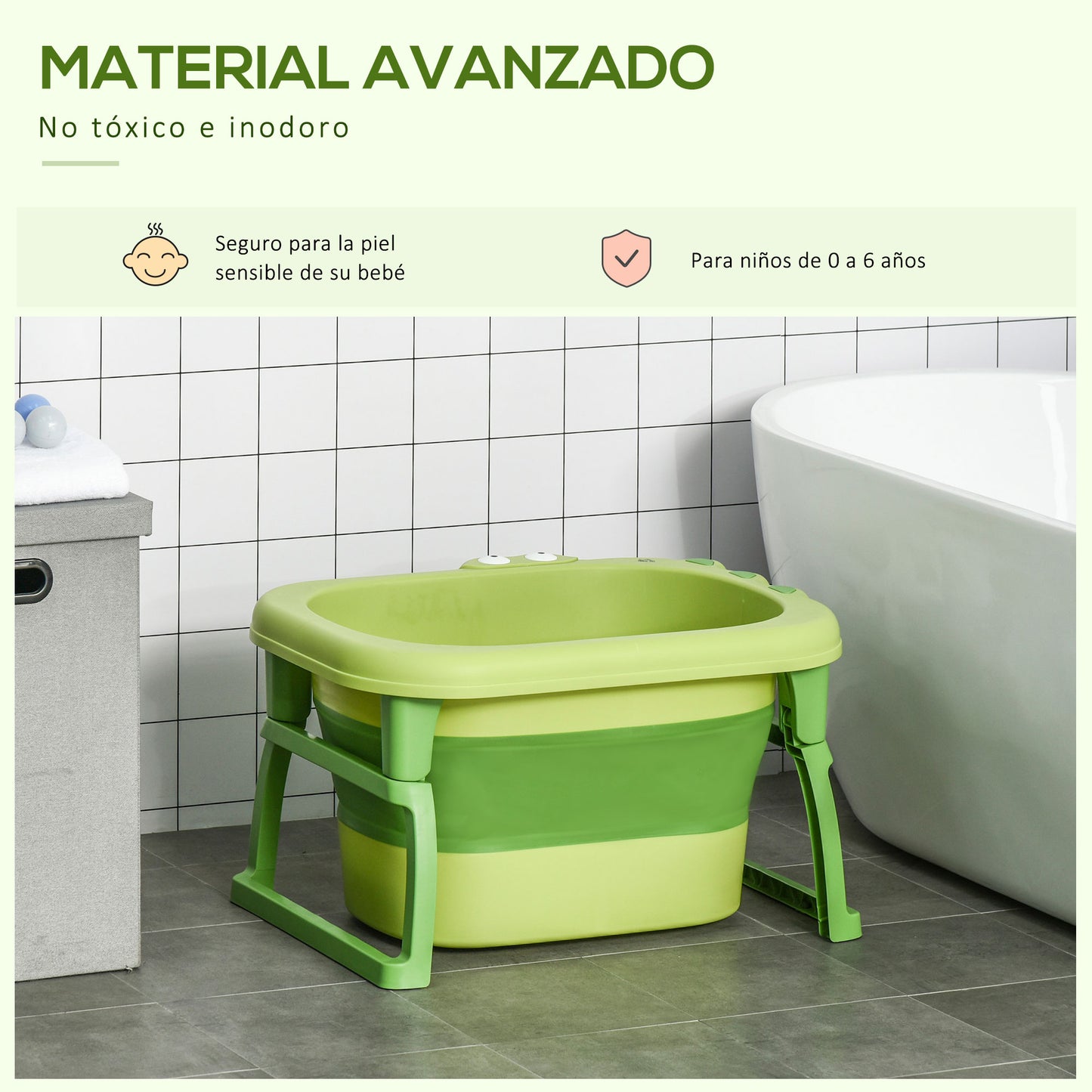 HOMCOM Bañera Plegable para Bebé de 0-3 Años Capacidad 105L Bañera Portátil para Niños con Patas Antideslizantes y Orificio de Drenaje Carga 50 kg 75,3x55,4x43 cm Verde