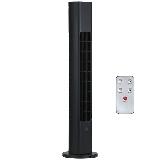 HOMCOM Ventilador de Torre Bajo Consumo con Mando a Distancia Oscilación de 75° Temporizador 3 Velocidades 3 Modos Silencioso para Hogar Dormitorio Oficina Ø18x78,5 cm Negro