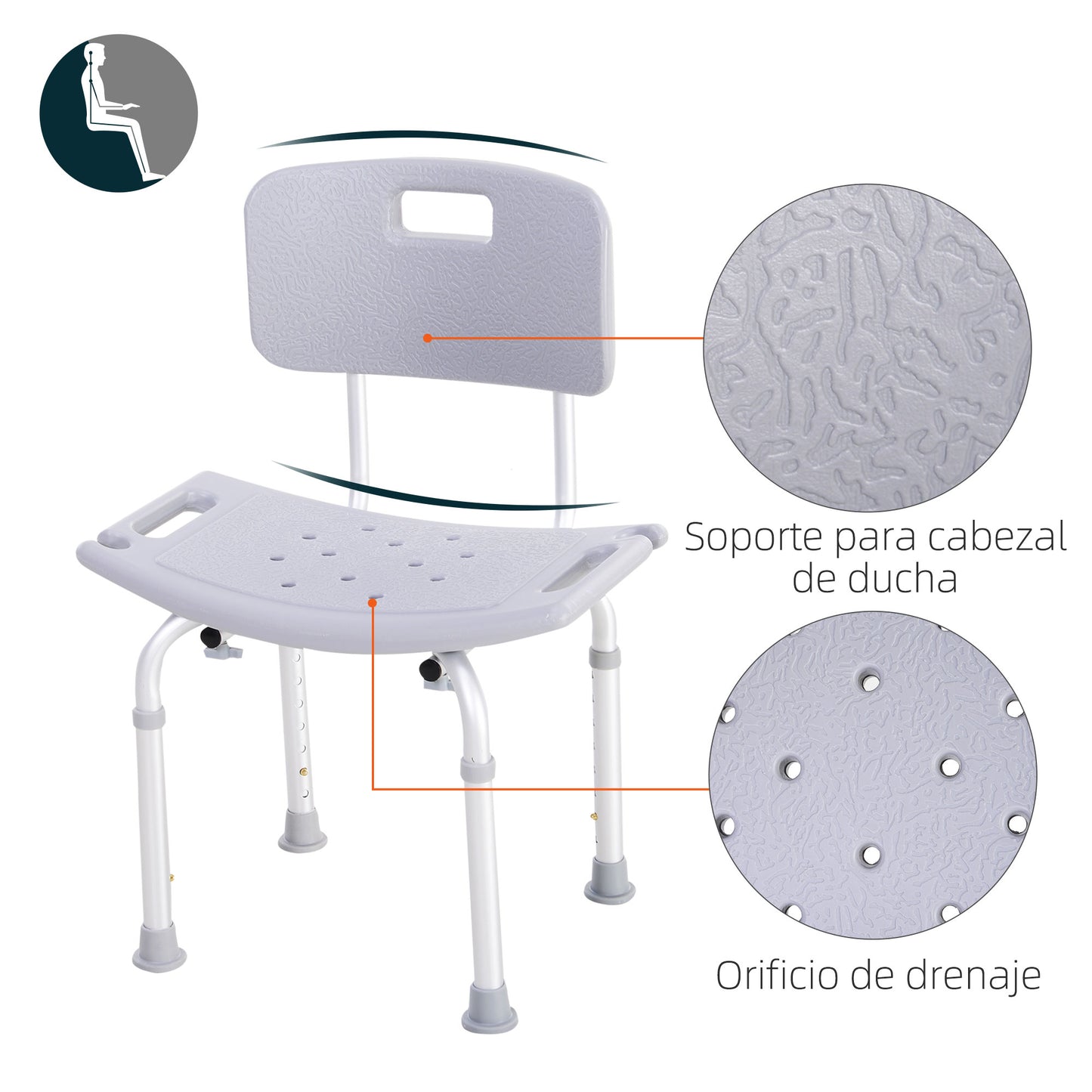 HOMCOM Silla Ducha Personas Mayores Taburete de Ducha Silla para Ducha con Respaldo Antideslizante Altura Regulable en 8 Niveles Carga 136 kg para Ancianos y Discapacitados