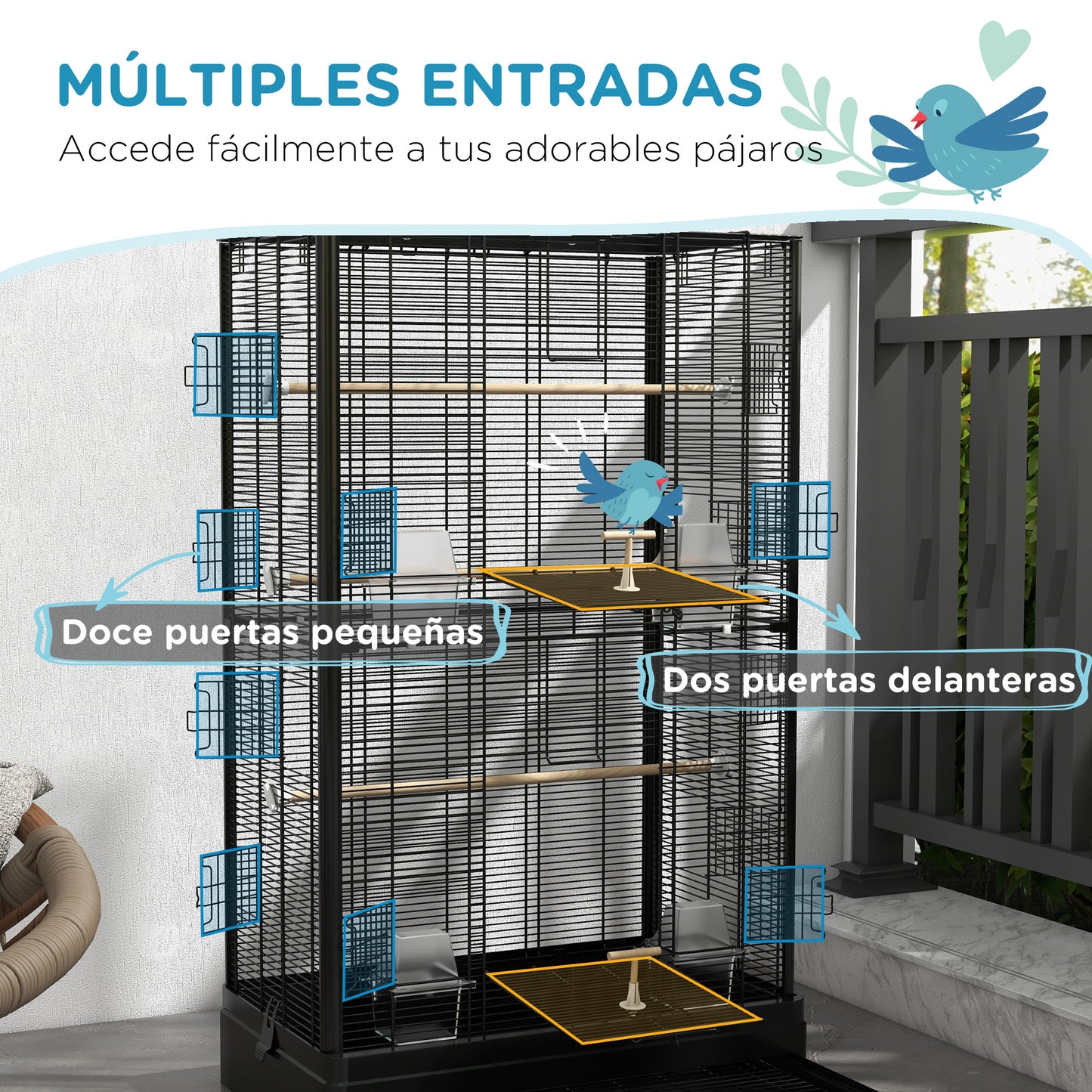 PawHut Jaula para Pájaros 61x36,5x98 cm Pajarera con Puertas Perchas Bandeja Extraíble Cajas de Comidas y Asas Jaula para Ninfas Periquitos Pinzones Canarios Negro