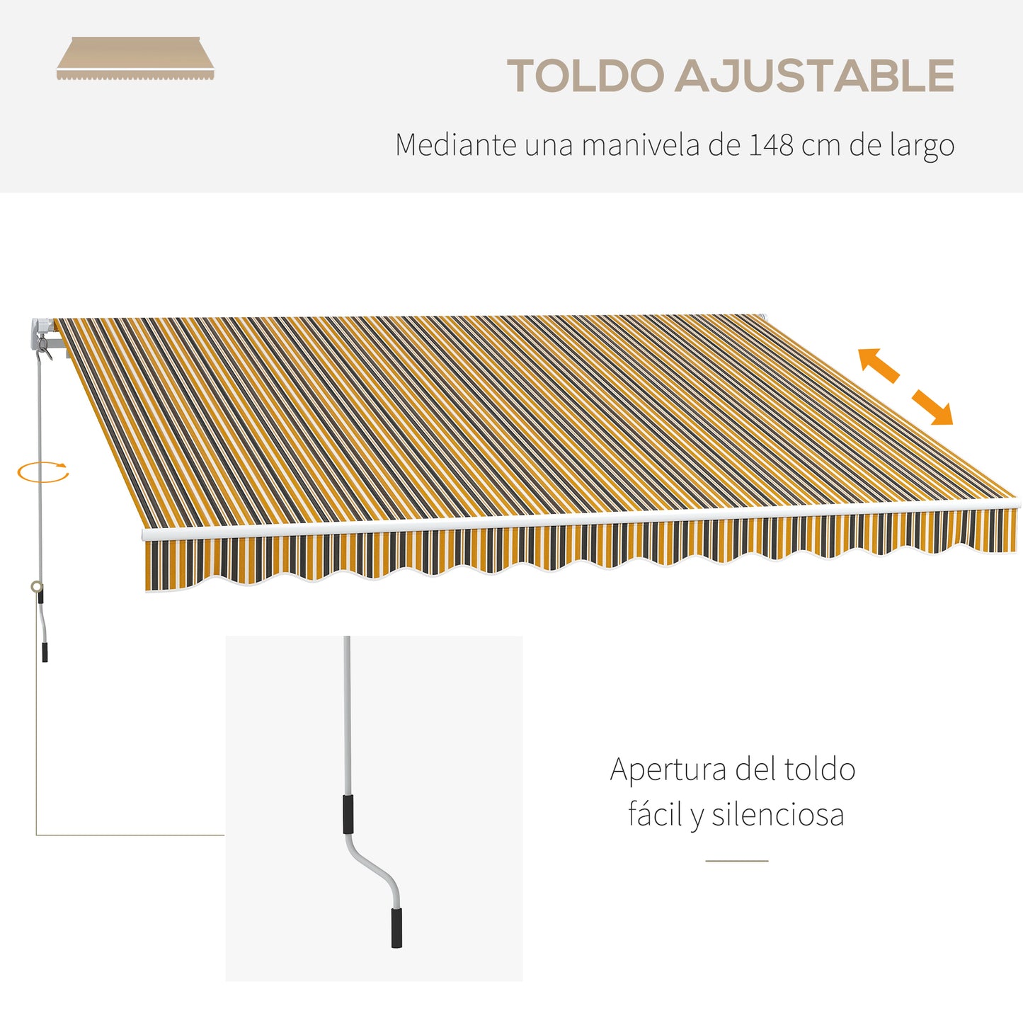 Outsunny Toldo Manual Retráctil 350x250 cm Toldo para Balcón con Manivela de Metal Impermeable y Anti-UV Toldo Enrollable de Exterior para Jardín Terraza Ventanas Gris y Amarillo