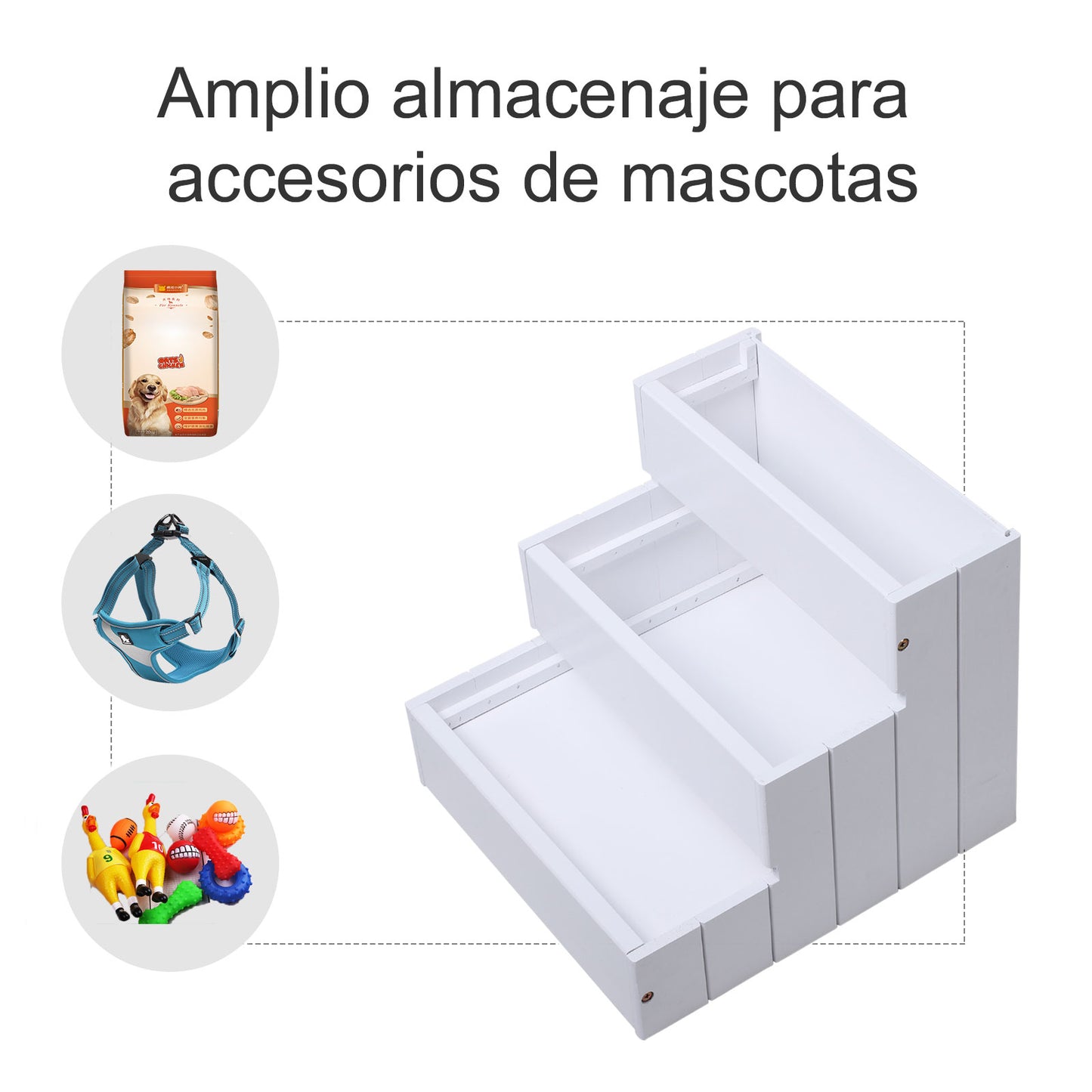 PawHut Escalera para Mascotas 3 Peldaños con Espacio de Almacenaje y Alfombra Antideslizantes Portátil Madera para Vehículo Carga 30 kg 40,5x44,5x38 cm Blanco