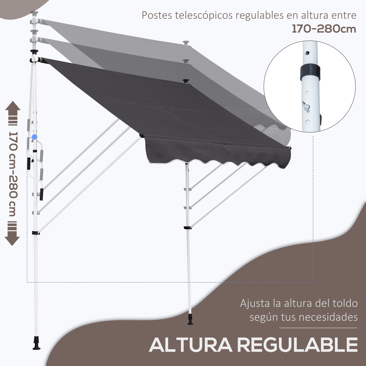 Outsunny Toldo Manual Retráctil 200x150x170-280 cm Toldo para Balcón con Altura Ajustable Manivela y Protección Solar para Terraza Jardín Gris