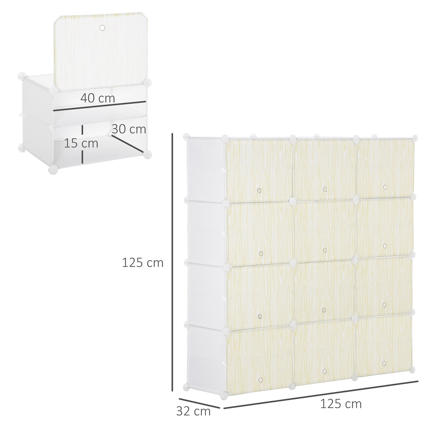 HOMCOM Armario Modular de Plástico Cajas de Zapatos con 12 Cubos Zapatero Organizador para Entrada Pasillo Dormitorio 125x32x125 cm Blanco y Natural