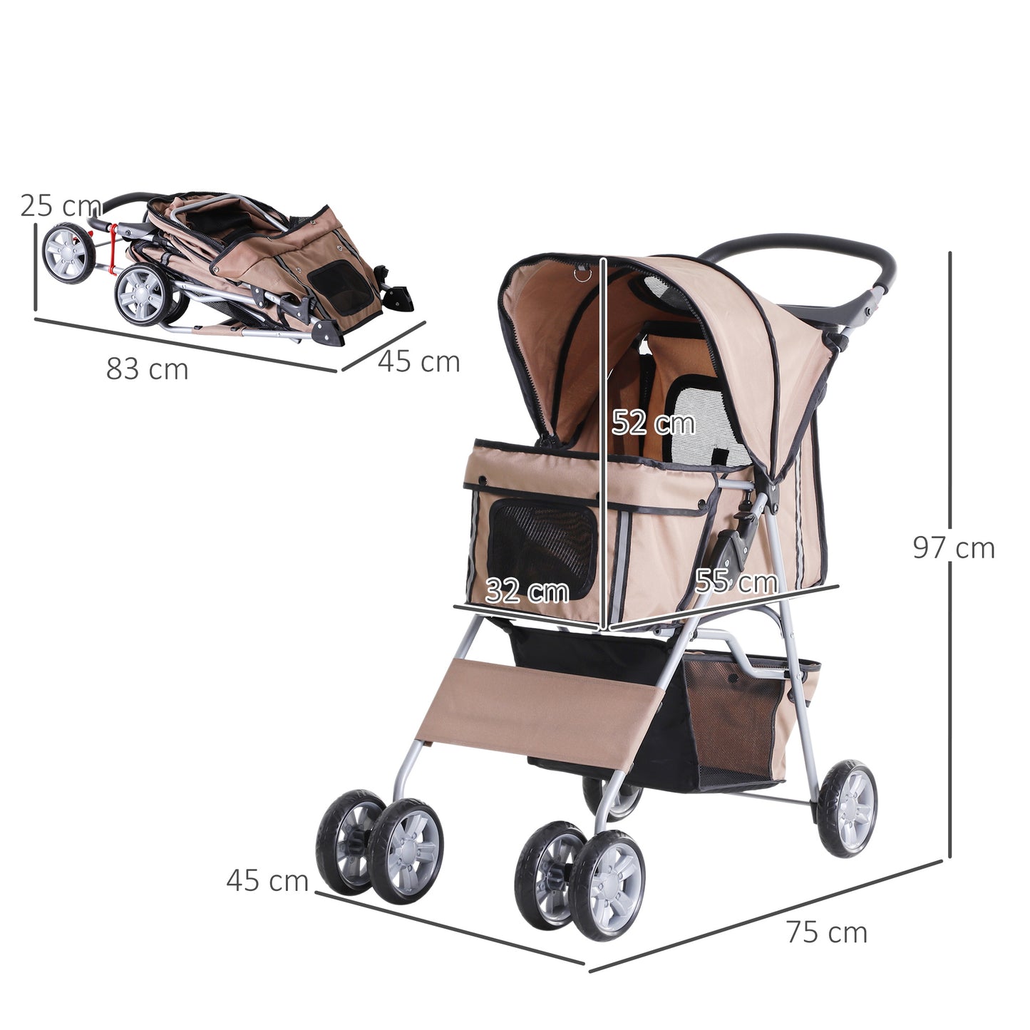 PawHut Carrito para Perros Plegable Cochecito para Mascotas Carrito para Perros Pequeños con Toldo Ajustable Cesta de Almacenaje Ventanas de Malla Portavasos y 2 Ruedas Universales 75x45x97 cm Café