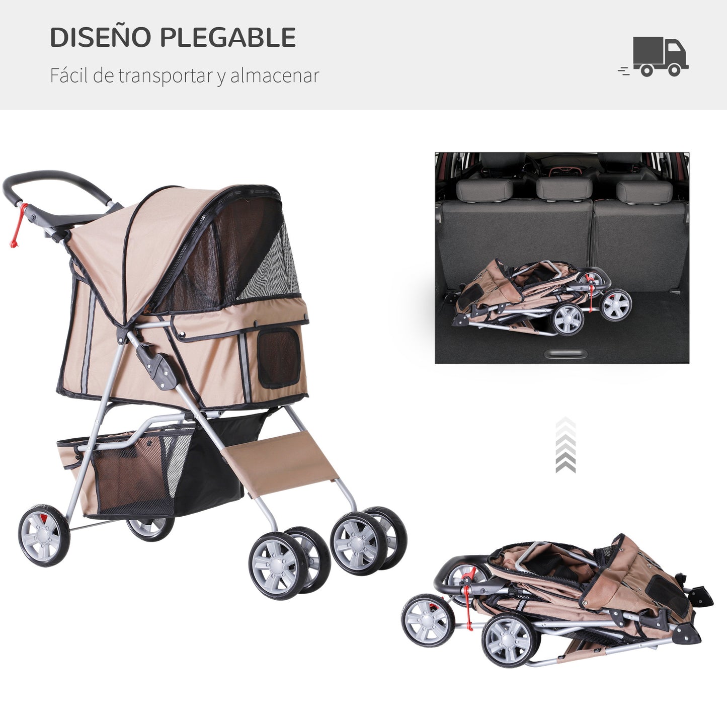 PawHut Carrito para Perros Plegable Cochecito para Mascotas Carrito para Perros Pequeños con Toldo Ajustable Cesta de Almacenaje Ventanas de Malla Portavasos y 2 Ruedas 75x45x97 cm Café