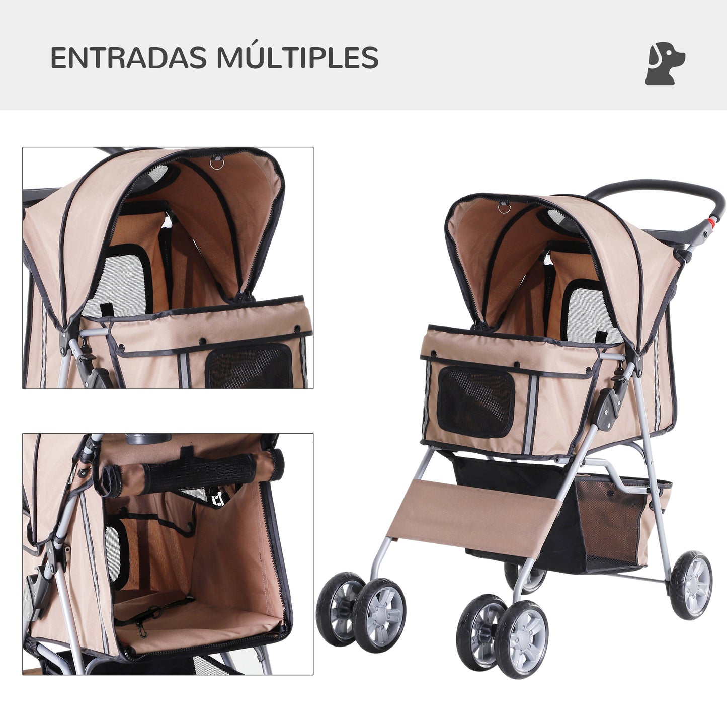 PawHut Carrito para Perros Plegable Cochecito para Mascotas Carrito para Perros Pequeños con Toldo Ajustable Cesta de Almacenaje Ventanas de Malla Portavasos y 2 Ruedas 75x45x97 cm Café