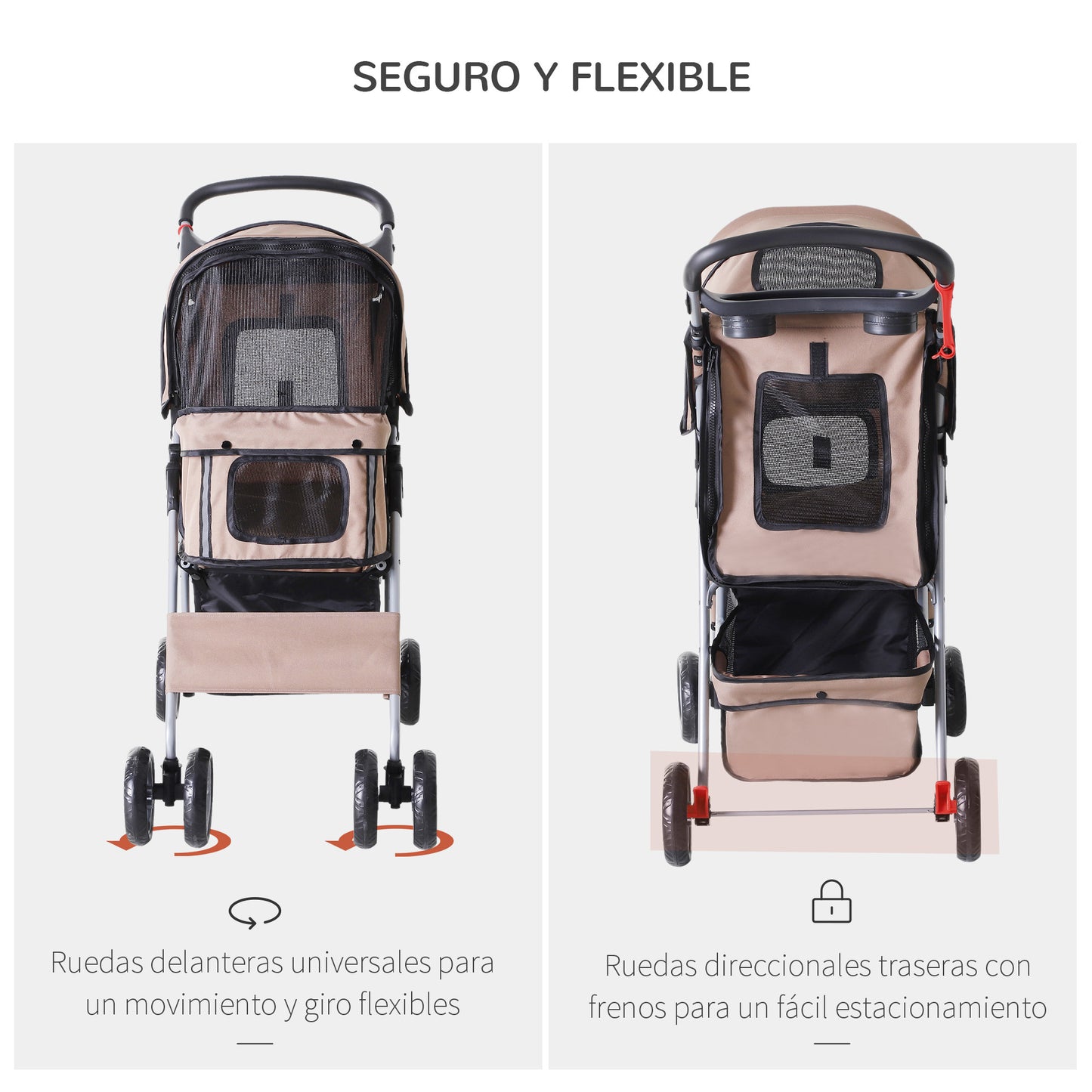 PawHut Carrito para Perros Plegable Cochecito para Mascotas Carrito para Perros Pequeños con Toldo Ajustable Cesta de Almacenaje Ventanas de Malla Portavasos y 2 Ruedas 75x45x97 cm Café