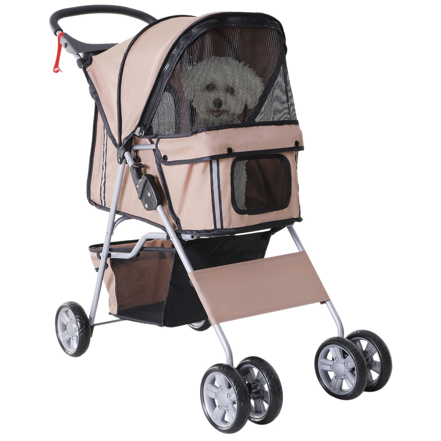 PawHut Carrito para Perros Plegable Cochecito para Mascotas Carrito para Perros Pequeños con Toldo Ajustable Cesta de Almacenaje Ventanas de Malla Portavasos y 2 Ruedas Universales 75x45x97 cm Café