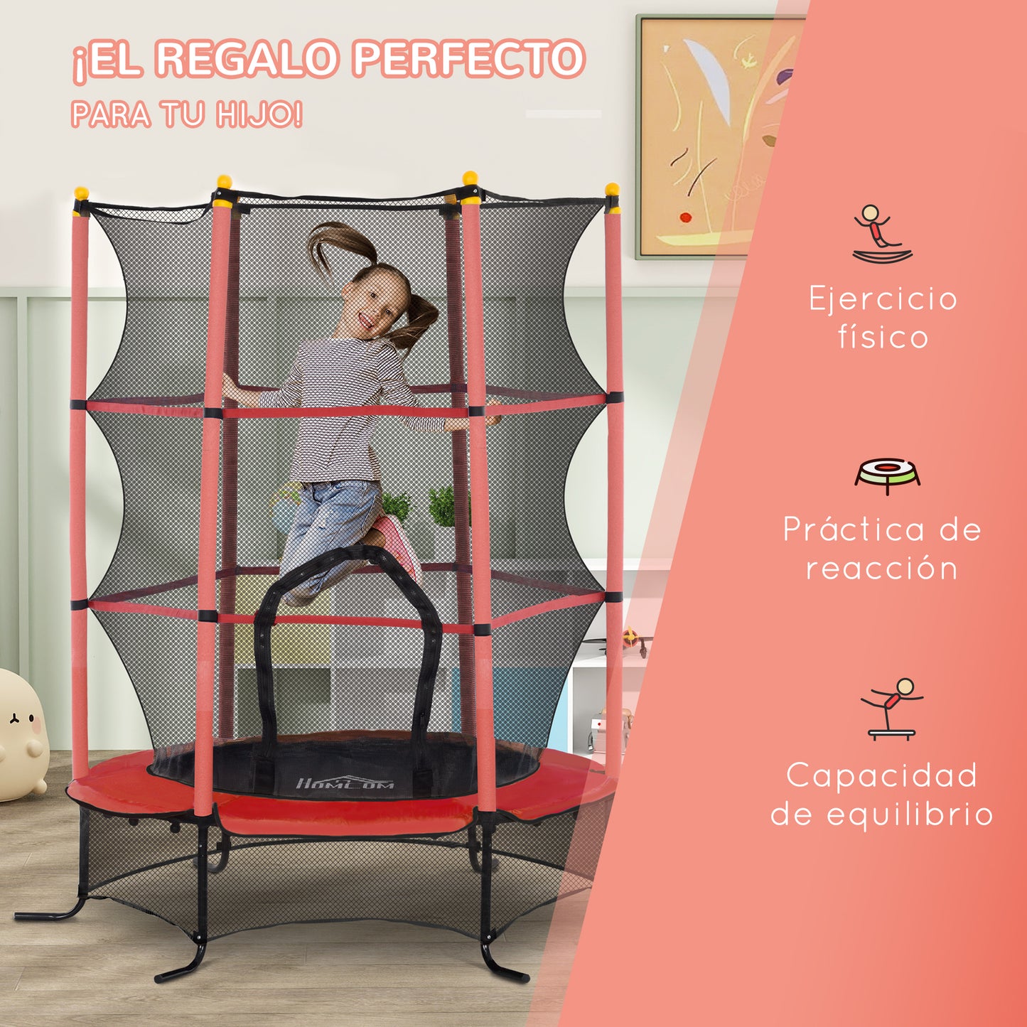 HOMCOM Cama Elástica Infantil Ø163x190 cm Trampolín para Niños de +3 Años con Red de Seguridad y Marco de Acero Carga 50 kg para Interior y Exterior Rojo y Negro