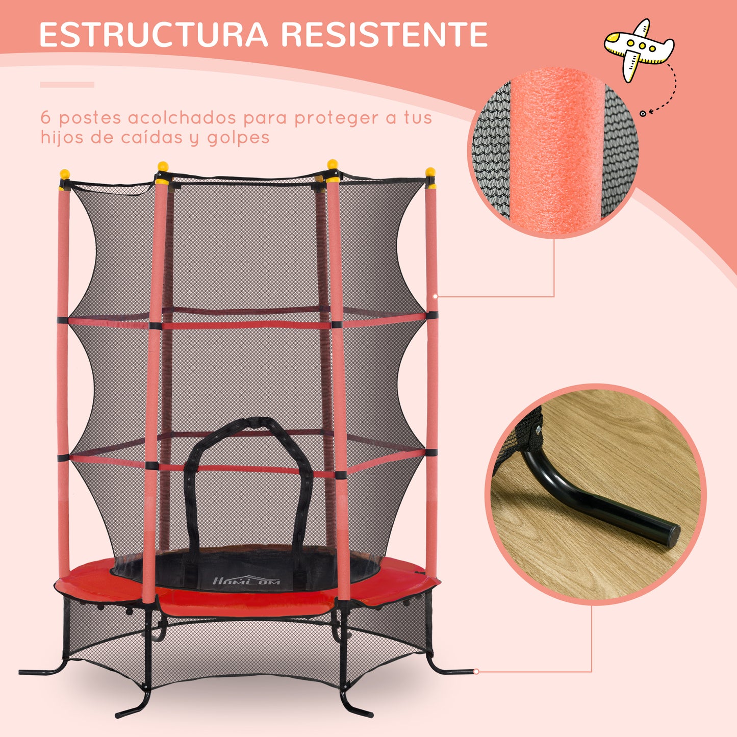 HOMCOM Cama Elástica Infantil Ø163x190 cm Trampolín para Niños de +3 Años con Red de Seguridad y Marco de Acero Carga 50 kg para Interior y Exterior Rojo y Negro