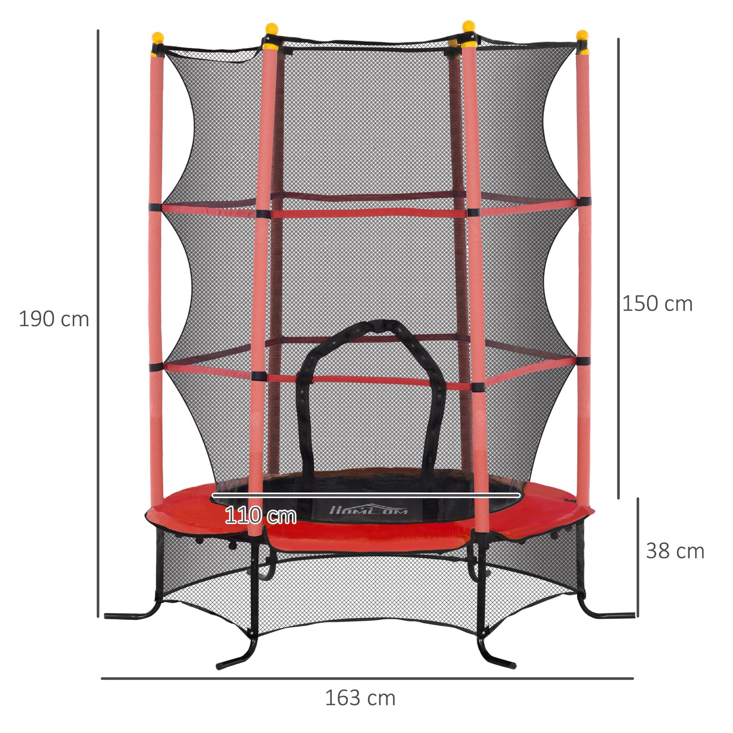 HOMCOM Cama Elástica Infantil Ø163x190 cm Trampolín para Niños de +3 Años con Red de Seguridad y Marco de Acero Carga 50 kg para Interior y Exterior Rojo y Negro