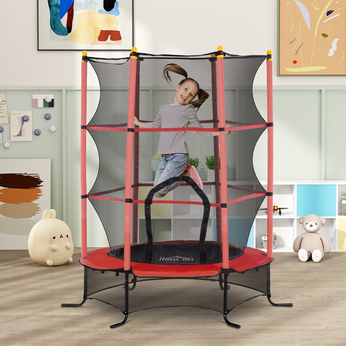 HOMCOM Cama Elástica Infantil Ø163x190 cm Trampolín para Niños de +3 Años con Red de Seguridad y Marco de Acero Carga 50 kg para Interior y Exterior Rojo y Negro