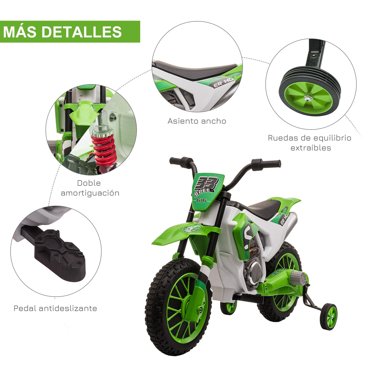 HOMCOM Moto Eléctrica para Niños de +3 Años 12V Moto de Juguete Infantil con 2 Ruedas de Equilibrio Velocidad Máx. 8 km/h Arranque Suave 106,5x51,5x68 cm Verde