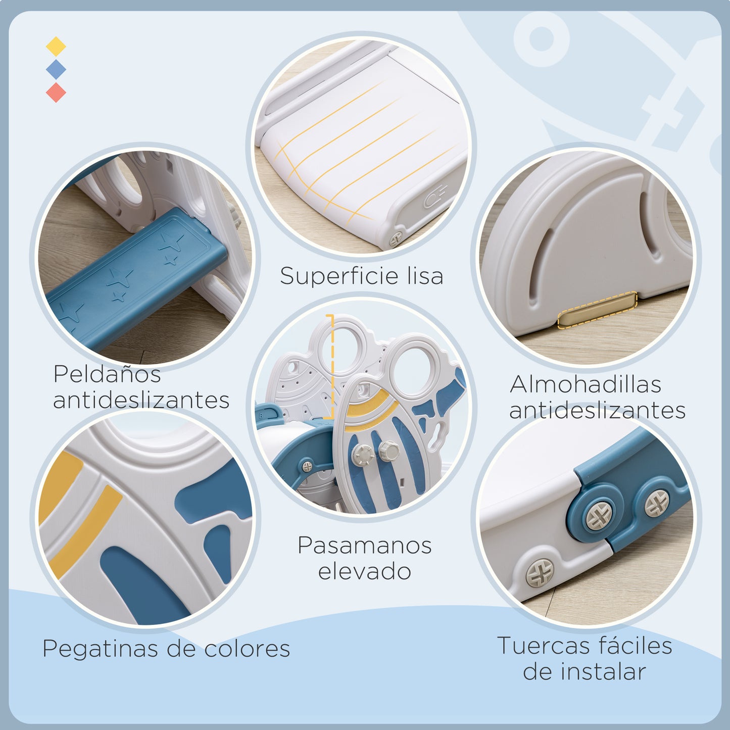 AIYAPLAY Tobogán Infantil Tobogán para Niños de 18-36 Meses con 3 Escaleras Antideslizantes Carga 30 kg para Interior Hogar 157x46,5x80 cm Azul y Gris