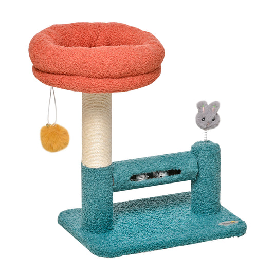 PawHut Rascador para Gatos Pequeño con Cama Extraíble Rodillo con Cascabeles Poste de Rascador de Sisal Bola Colgante y Juguete 37x25x45 cm Naranja y Azul