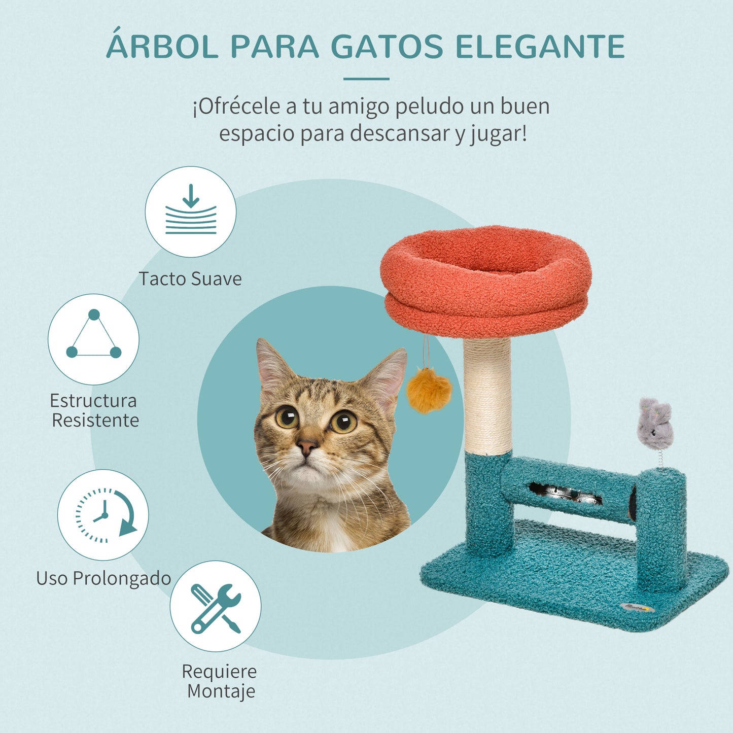 PawHut Rascador para Gatos Pequeño con Cama Extraíble Rodillo con Cascabeles Poste de Rascador de Sisal Bola Colgante y Juguete 37x25x45 cm Naranja y Azul