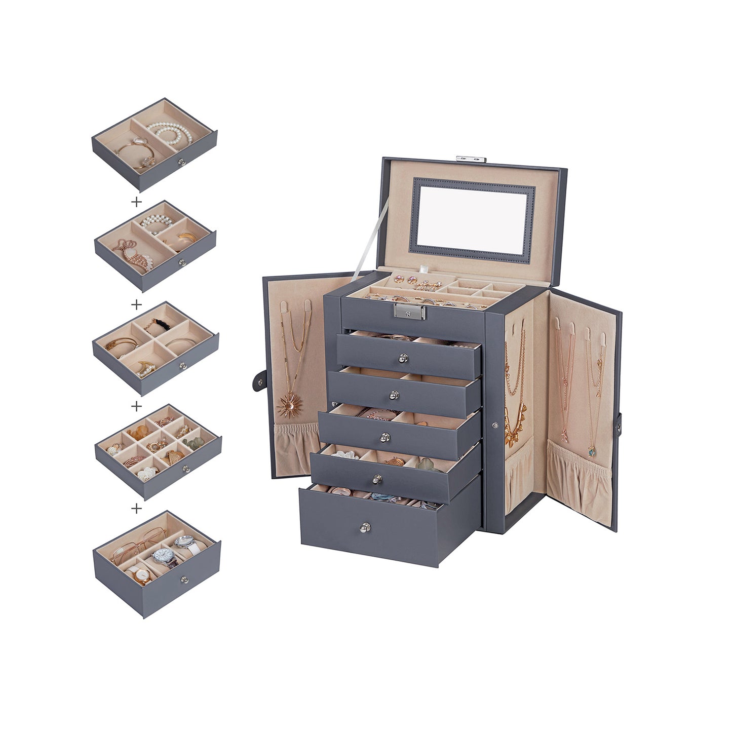 Caja Joyero con 6 Cajones Gris-SONGMICS