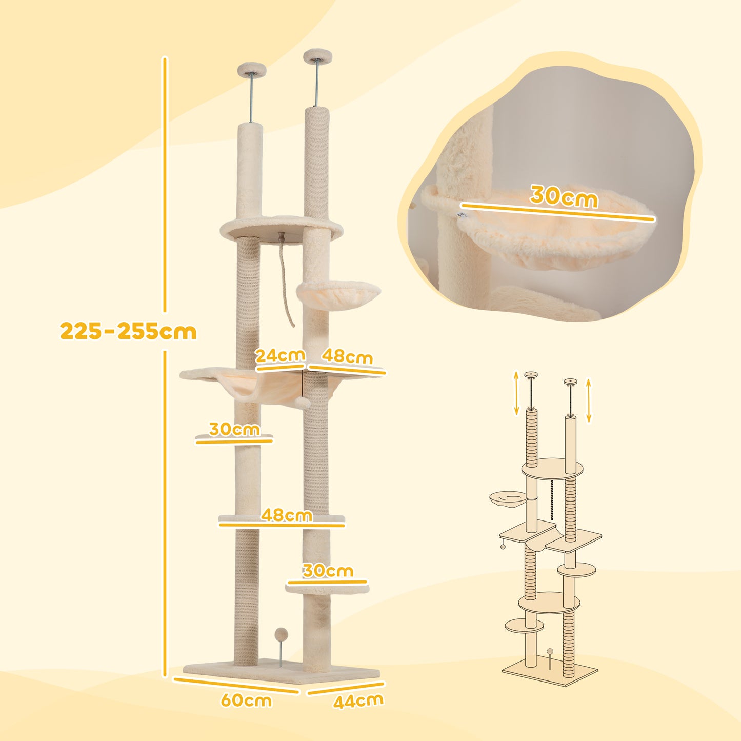 PawHut Árbol para Gatos de Suelo a Techo 225-255 cm Árbol Rascador para Gatos de 7 Niveles Torre para Gatos con Hamacas Plataformas Juguete de Cuerda Bola de Juguete Beige y Gris