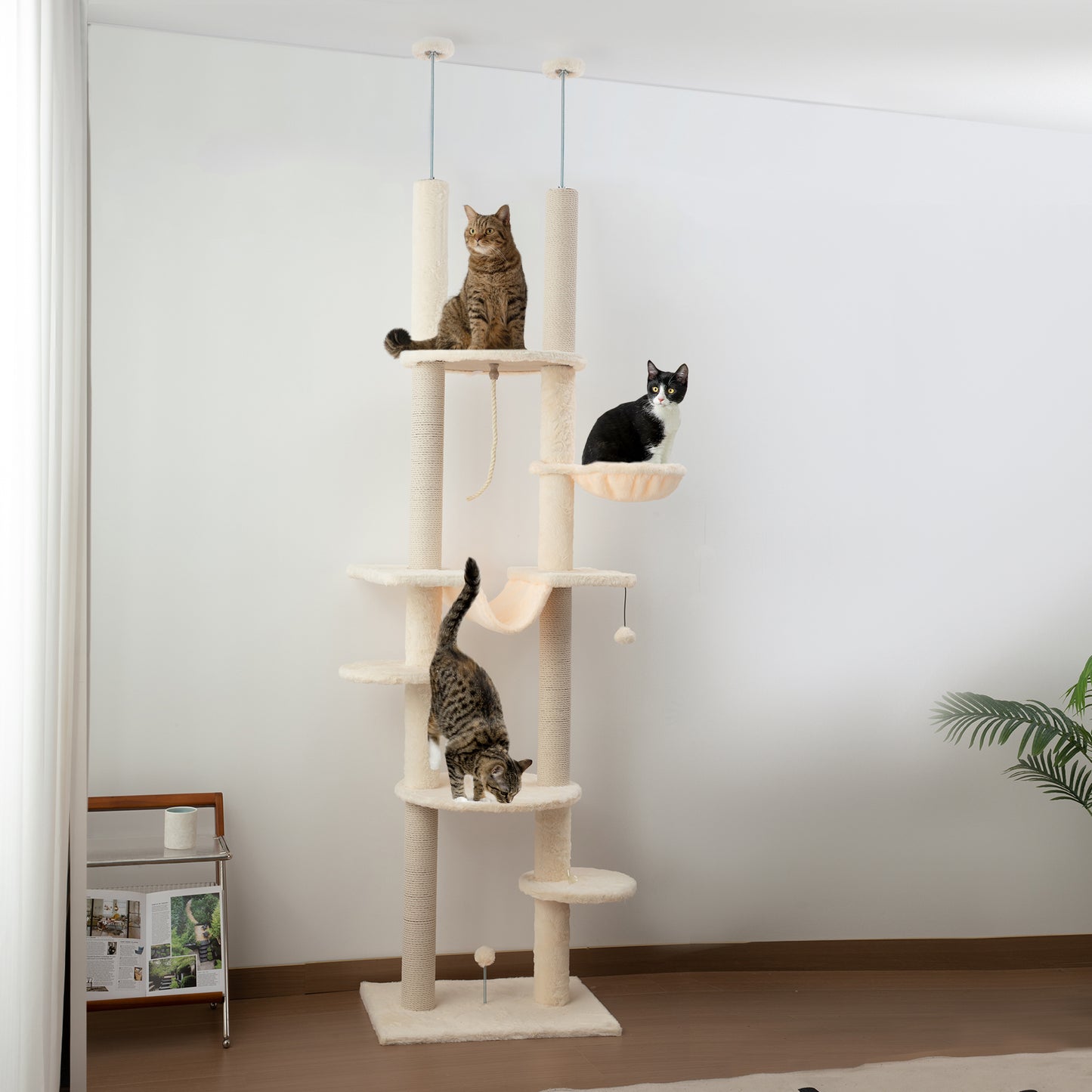 PawHut Árbol para Gatos de Suelo a Techo 225-255 cm Árbol Rascador para Gatos de 7 Niveles Torre para Gatos con Hamacas Plataformas Juguete de Cuerda Bola de Juguete Beige y Gris