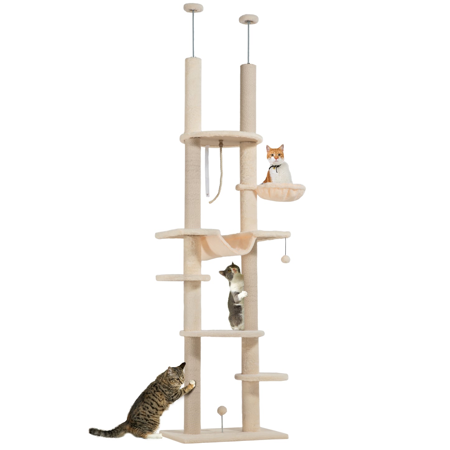 PawHut Árbol para Gatos de Suelo a Techo 225-255 cm Árbol Rascador para Gatos de 7 Niveles Torre para Gatos con Hamacas Plataformas Juguete de Cuerda Bola de Juguete Beige y Gris