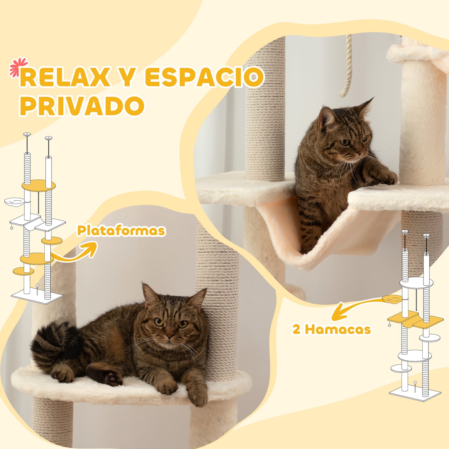 PawHut Árbol para Gatos de Suelo a Techo 225-255 cm Árbol Rascador para Gatos de 7 Niveles Torre para Gatos con Hamacas Plataformas Juguete de Cuerda Bola de Juguete Beige y Gris