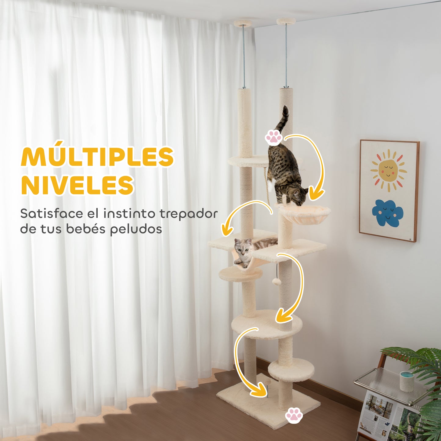 PawHut Árbol para Gatos de Suelo a Techo 225-255 cm Árbol Rascador para Gatos de 7 Niveles Torre para Gatos con Hamacas Plataformas Juguete de Cuerda Bola de Juguete Beige y Gris