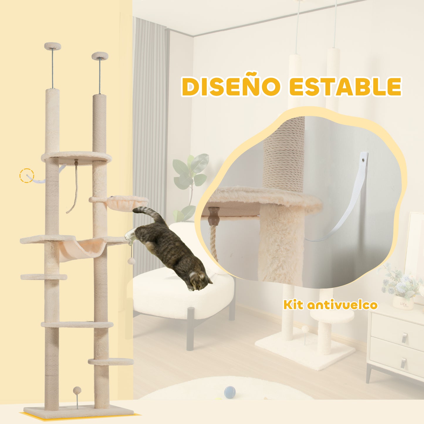 PawHut Árbol para Gatos de Suelo a Techo 225-255 cm Árbol Rascador para Gatos de 7 Niveles Torre para Gatos con Hamacas Plataformas Juguete de Cuerda Bola de Juguete Beige y Gris