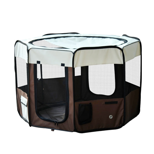 PawHut Parque Plegable para Perros y Gatos Parque de Juego para Mascotas con 2 Puertas y Cojín de Tela Oxford Juego Entrenamiento para Dormitorio Ø117x71 cm Marrón