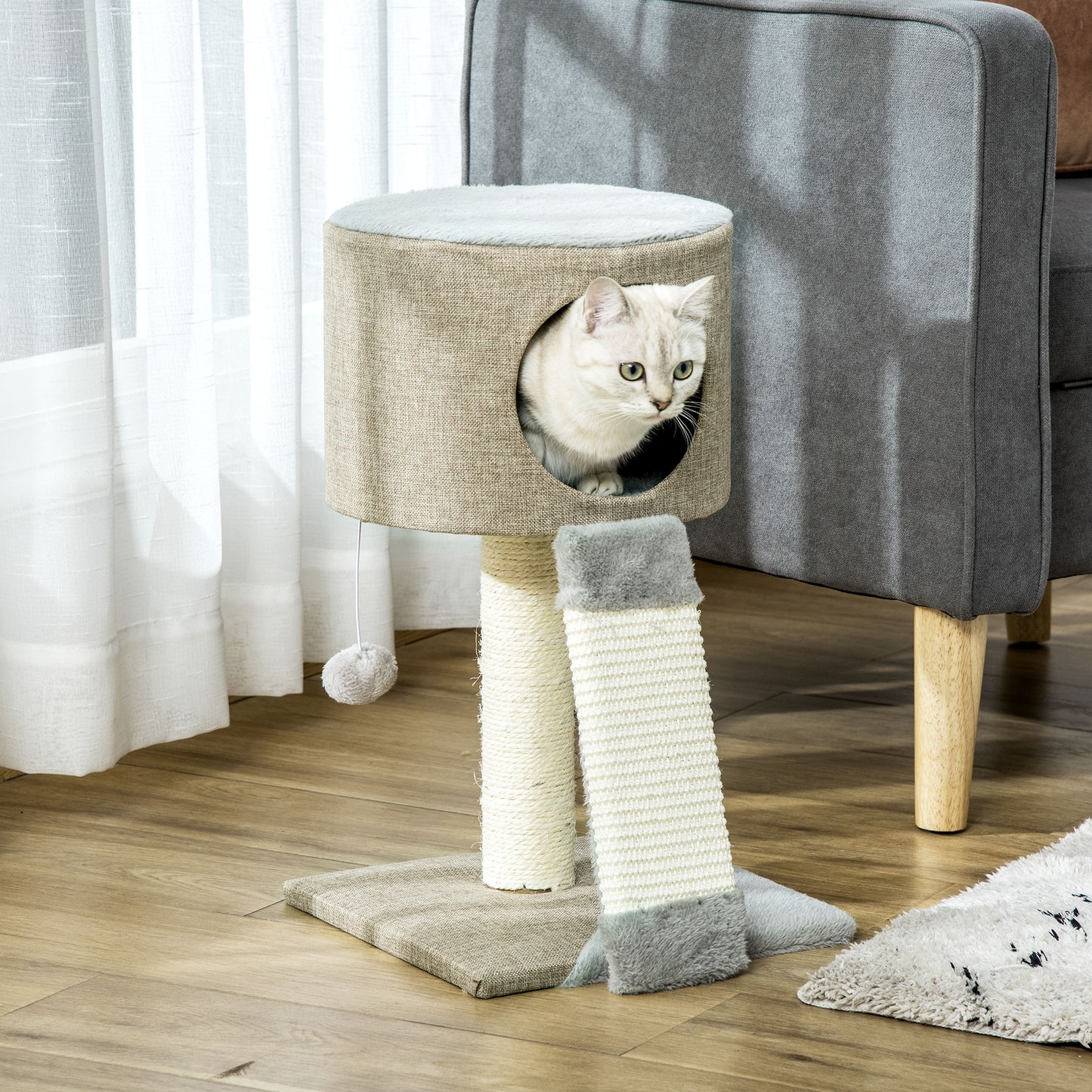 PawHut Árbol Rascador para Gatos Pequeño Altura 50 cm Torre Escalador de Gato con Cueva Rampa Poste Rascador de Sisal Natural y Bola Colgante 30x30x50 cm Beige Oscuro