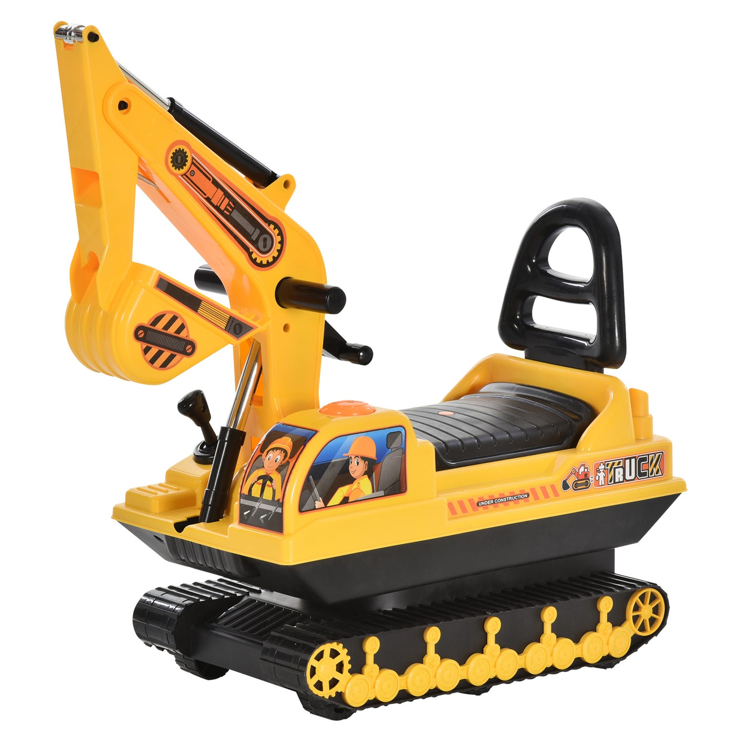 HOMCOM Excavadora sin Pedales para Niños de 18-48 Meses Excavadora Correpasillos Camión de Construcción con Asiento de Almacenamiento Pala Delantera y Bocina Carga 30 kg 78x24x58,5 cm Amarillo