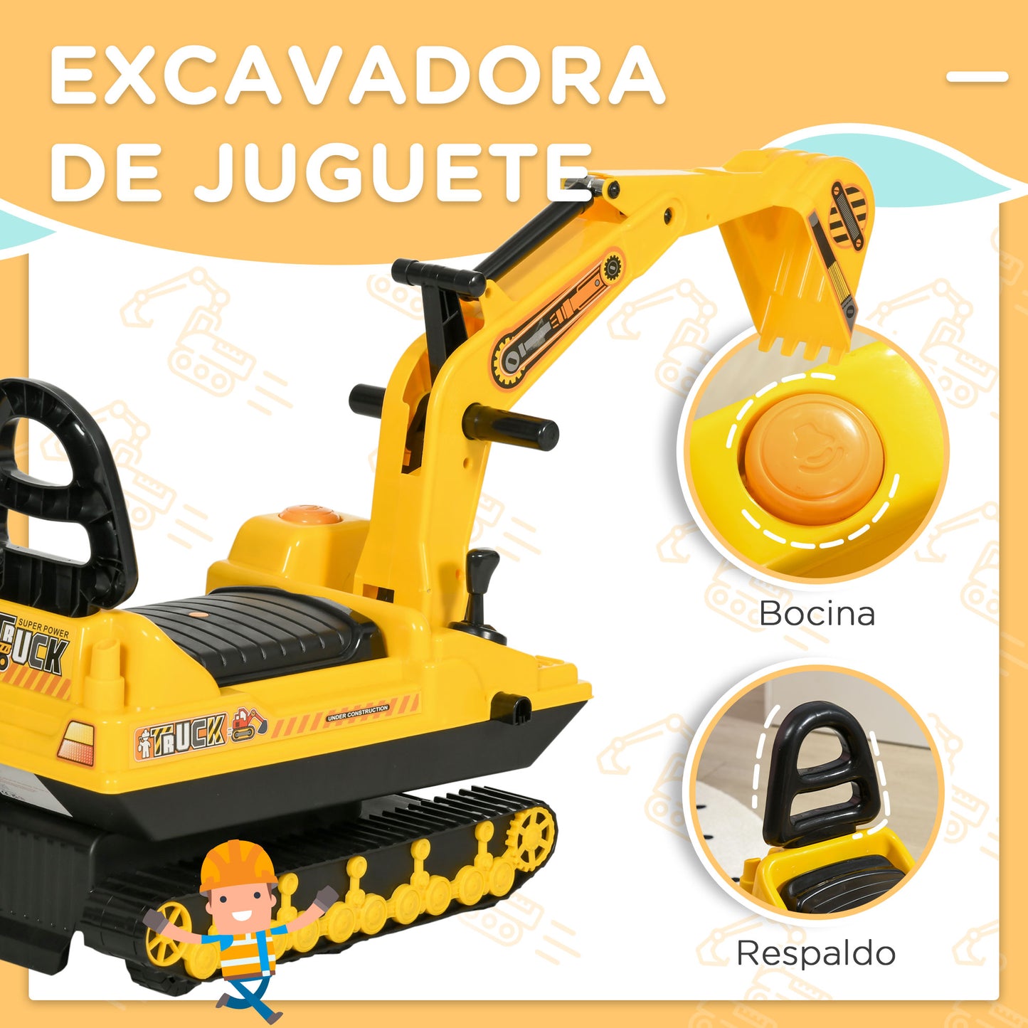 HOMCOM Excavadora sin Pedales para Niños de 18-48 Meses Excavadora Correpasillos Camión de Construcción con Asiento de Almacenamiento Pala Delantera y Bocina Carga 30 kg 78x24x58,5 cm Amarillo