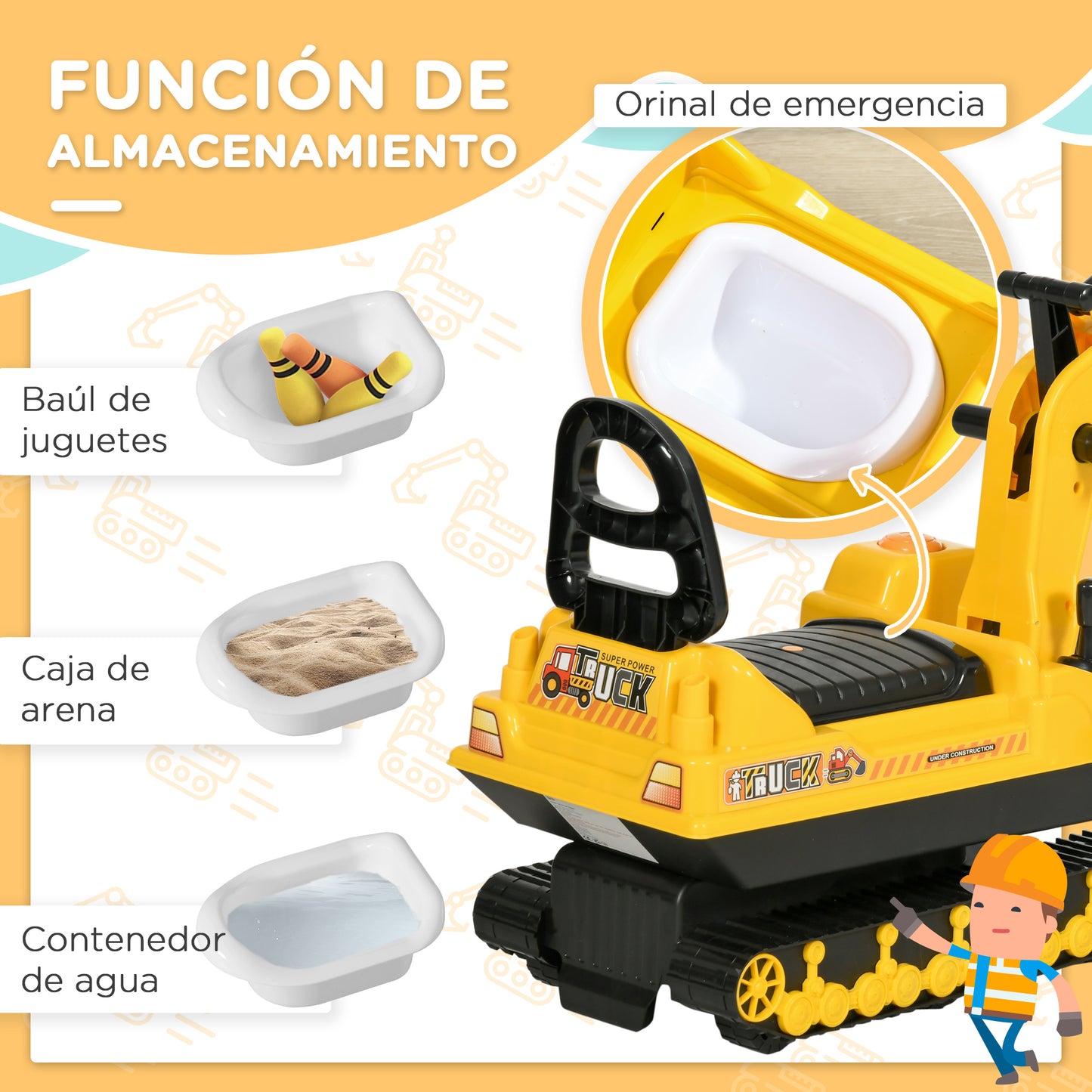 HOMCOM Excavadora sin Pedales para Niños de 18-48 Meses Excavadora Correpasillos Camión de Construcción con Asiento de Almacenamiento Pala Delantera y Bocina Carga 30 kg 78x24x58,5 cm Amarillo