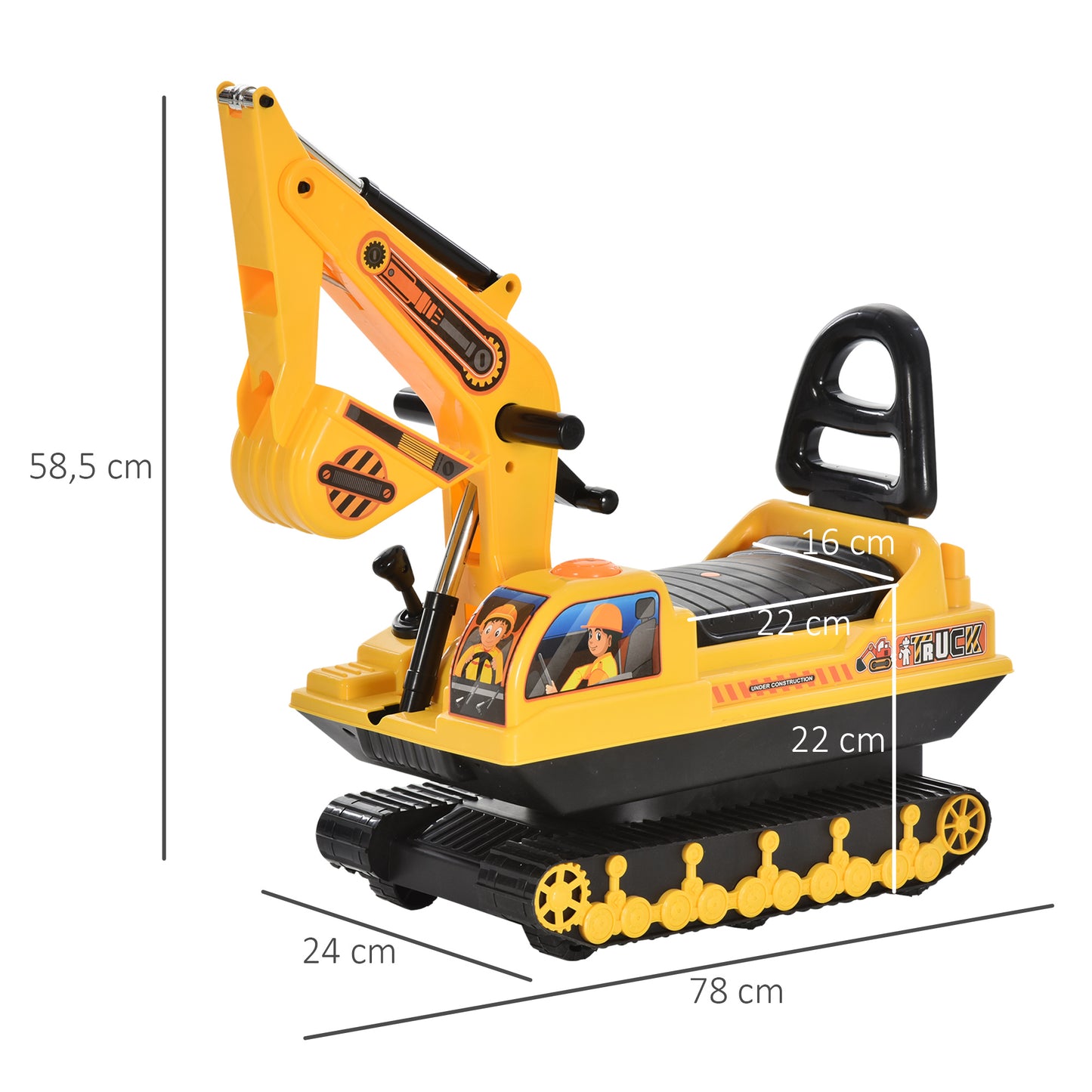 HOMCOM Excavadora sin Pedales para Niños de 18-48 Meses Excavadora Correpasillos Camión de Construcción con Asiento de Almacenamiento Pala Delantera y Bocina Carga 30 kg 78x24x58,5 cm Amarillo