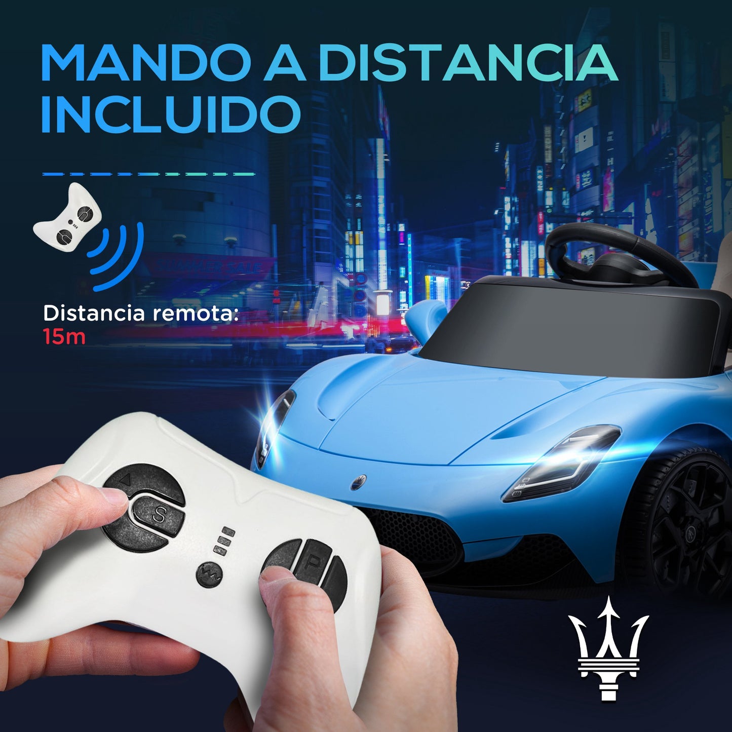 AIYAPLAY Coche Eléctrico para Niños de +3 Años con Licencia Maserati MC20 Carro Eléctrico Infantil con Batería 12V Mando a Distancia Faros Bocina Música MP3 y Pantalla Azul