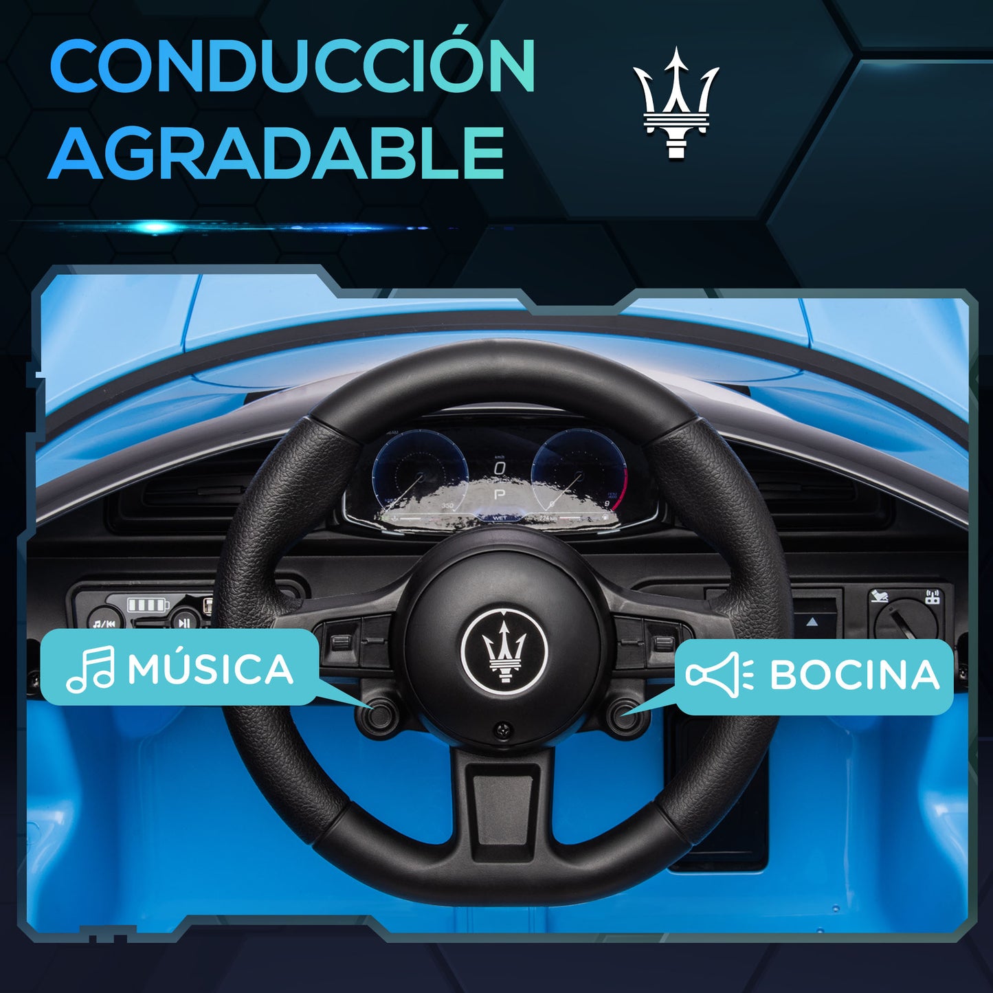 AIYAPLAY Coche Eléctrico para Niños de +3 Años con Licencia Maserati MC20 Carro Eléctrico Infantil con Batería 12V Mando a Distancia Faros Bocina Música MP3 y Pantalla Azul