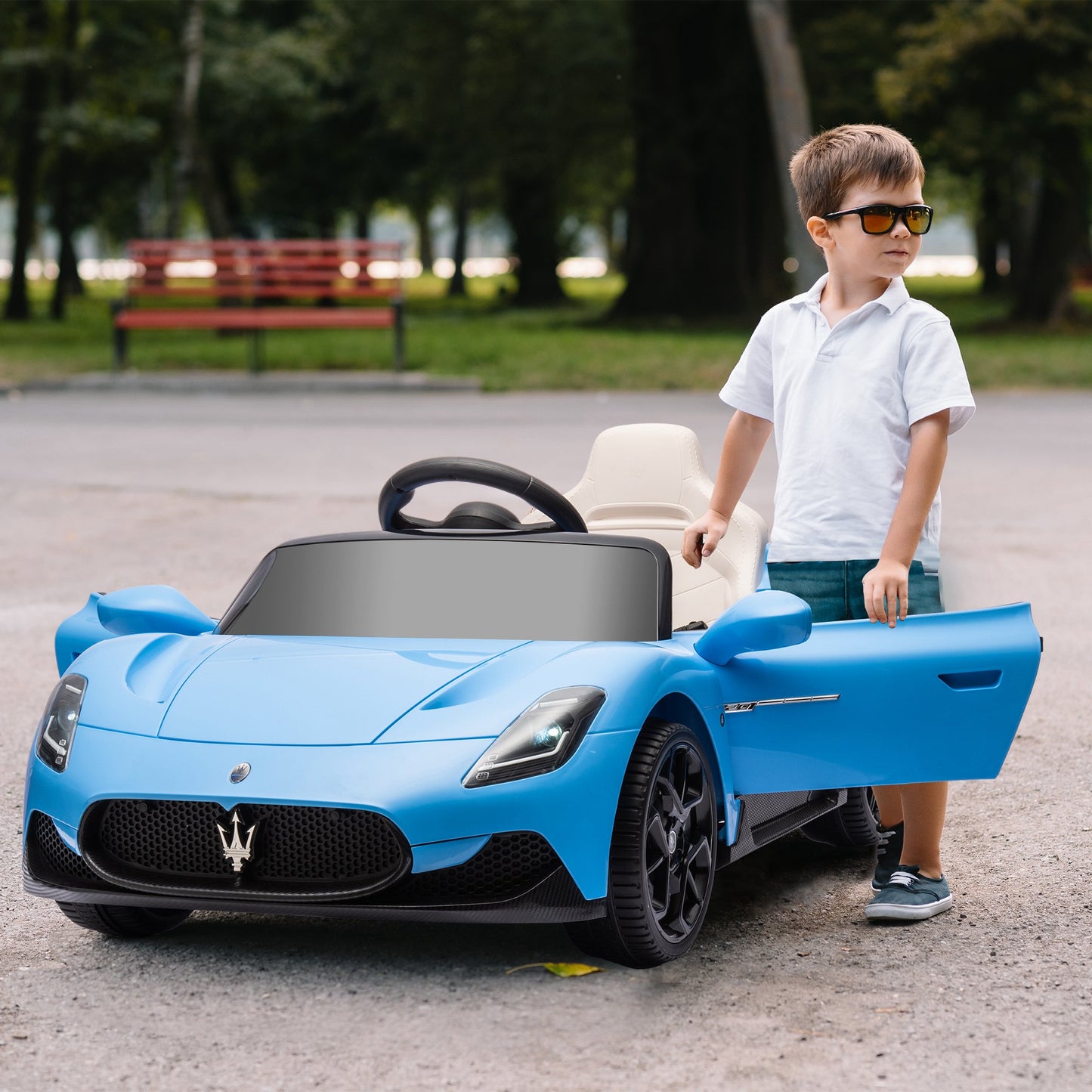 AIYAPLAY Coche Eléctrico para Niños de +3 Años con Licencia Maserati MC20 Carro Eléctrico Infantil con Batería 12V Mando a Distancia Faros Bocina Música MP3 y Pantalla Azul