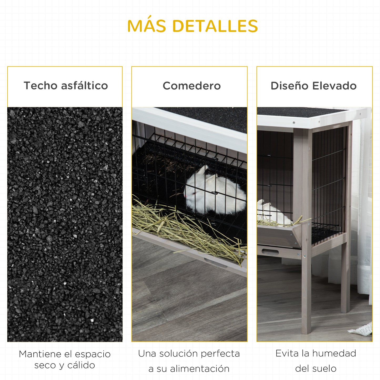 PawHut Conejera de Madera Exterior Jaula Elevada para Conejos Cobayas Animales Pequeños con Techo Asfáltico Abatible Comedero Bandejas Extraíbles y 2 Puertas 91x46x71 cm Gris