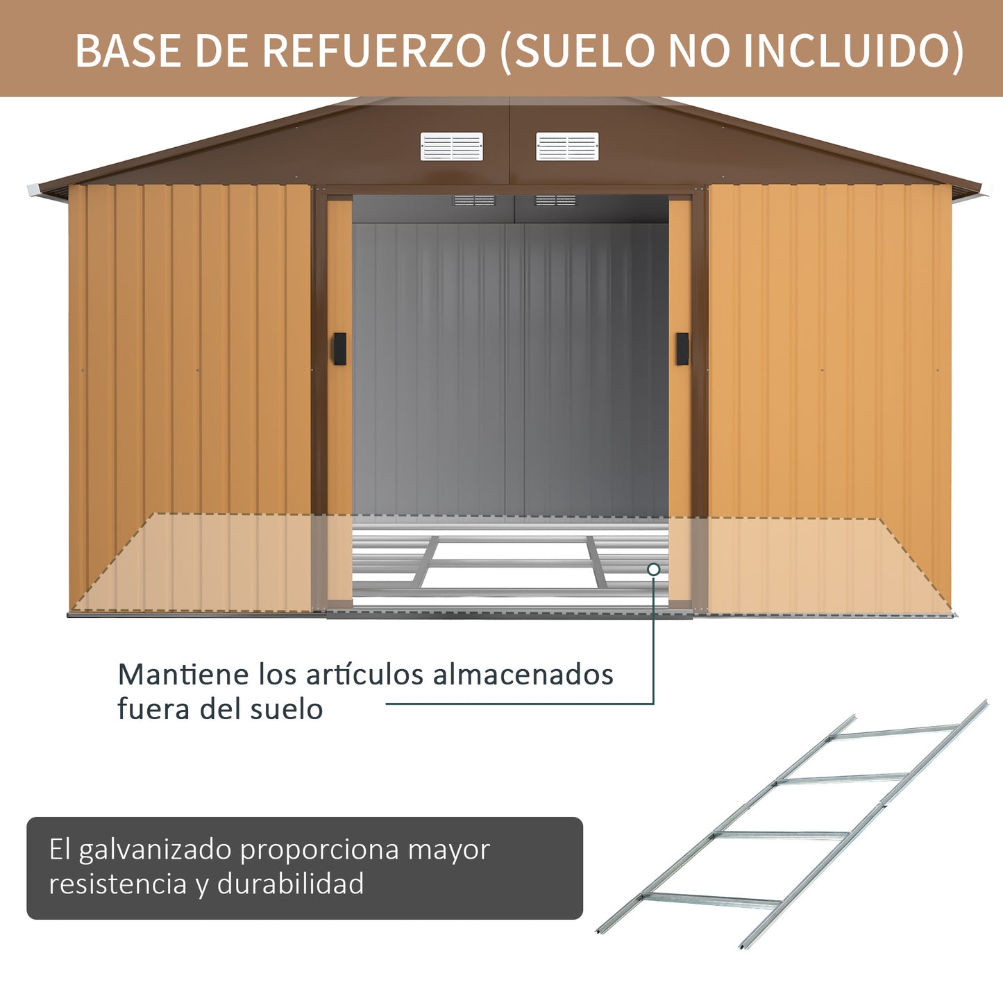 Outsunny Caseta de Jardín de Exterior Cobertizo de Jardín 12,4 m² 340x386x200 cm con 2 Puertas Corredizas Base Refuerzo (Suelo NO Incluido) para Patio Terraza Ocre Oscuro