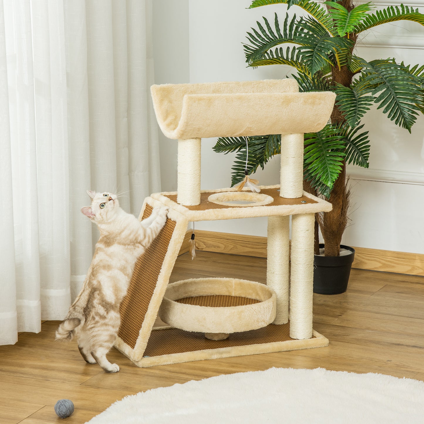 PawHut Árbol Rascador para Gatos 60x30x76 cm con Cama de Lino Postes Rascadores de Sisal Natural Plataforma Tipo Túnel Rampa y Juguetes Colgantes Beige y Marrón