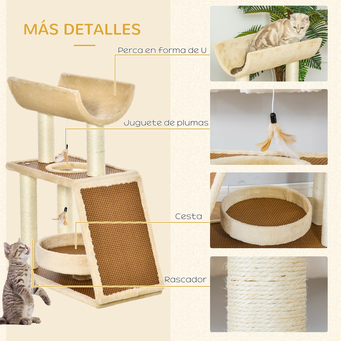 PawHut Árbol Rascador para Gatos 60x30x76 cm con Cama de Lino Postes Rascadores de Sisal Natural Plataforma Tipo Túnel Rampa y Juguetes Colgantes Beige y Marrón