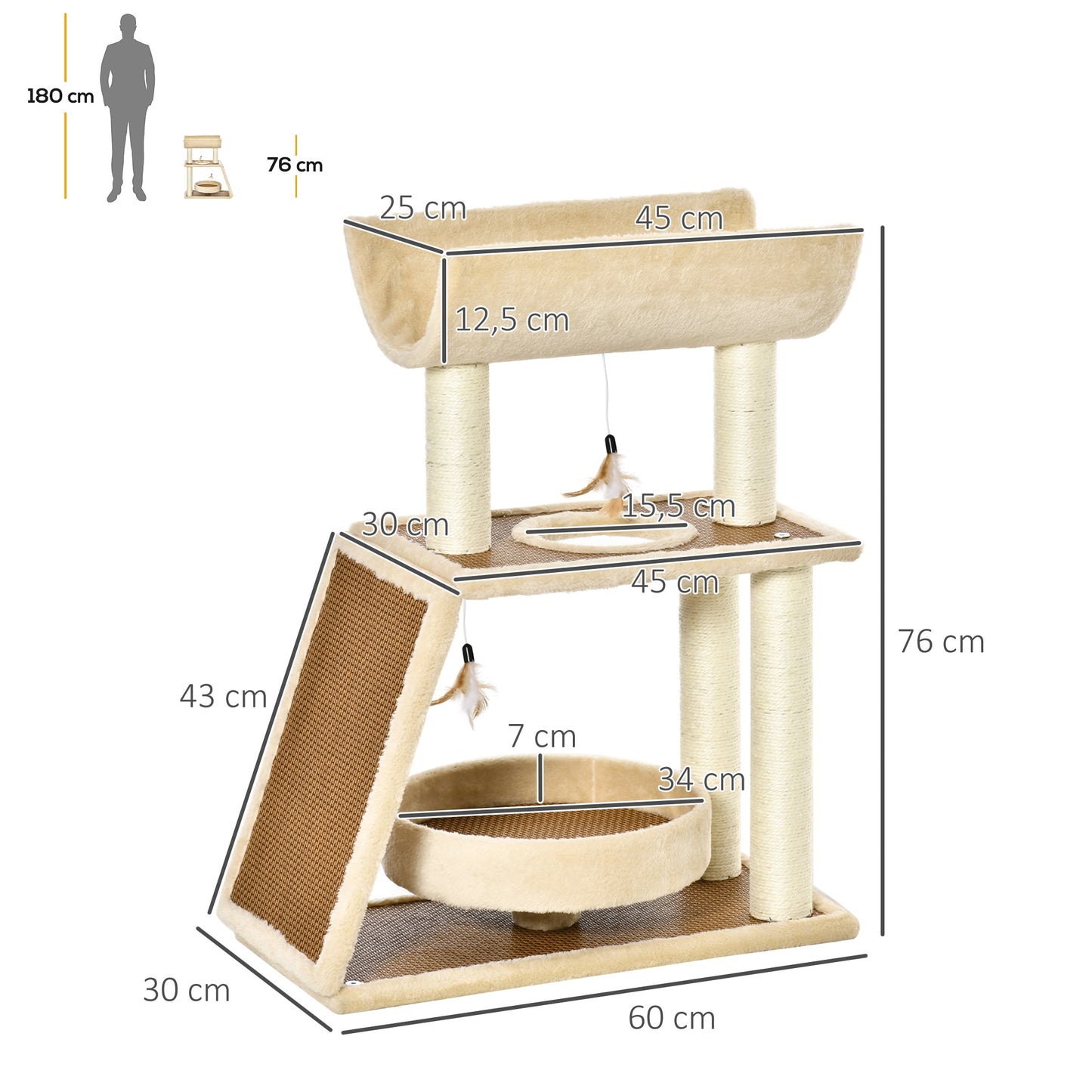 PawHut Árbol Rascador para Gatos 60x30x76 cm con Cama de Lino Postes Rascadores de Sisal Natural Plataforma Tipo Túnel Rampa y Juguetes Colgantes Beige y Marrón