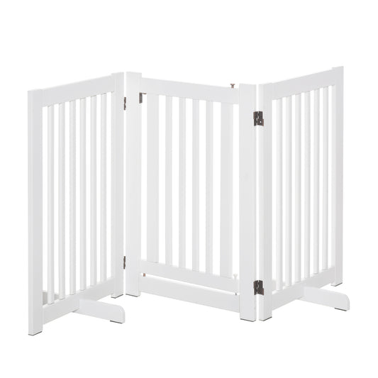 PawHut Barrera para Perros de Madera Valla para Mascotas Plegable de 3 Paneles con 1 Puerta y Patas de Apoyo para Pasillo Escalera 155x35,5x76 cm Blanco