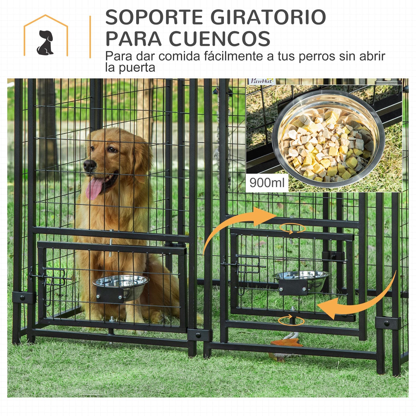 PawHut Perrera de 8 Paneles Parque para Perros Metálica de Exterior con 2 Soportes Giratorios para Comida 2 Cuencos y Toldo de Impermeable y Anti-UV 141x141x153 cm Negro y Rojo