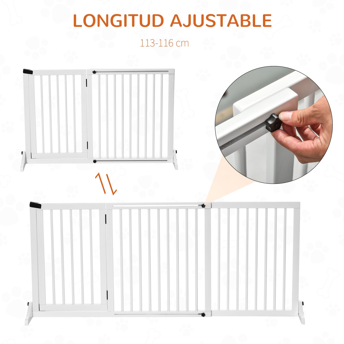 PawHut Barrera para Perros Extensible Barrera de Seguridad para Perros de 3 Paneles con Longitud Ajustable Marco de Madera y Soporte de Pie 113-166x36x71 cm Blanco