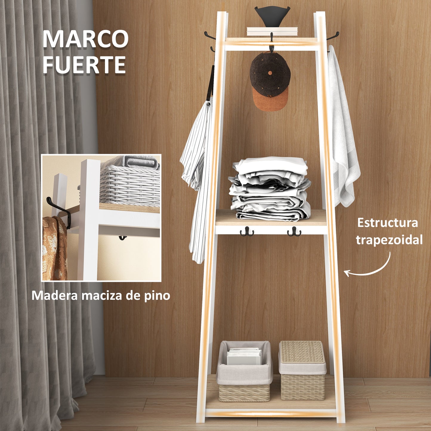 HOMCOM Perchero de Pie de 3 Niveles Perchero para Ropa con 6 Ganchos y Estantes de Almacenamiento para Entrada Pasillo Dormitorio Salón 61x41x165 cm Natural