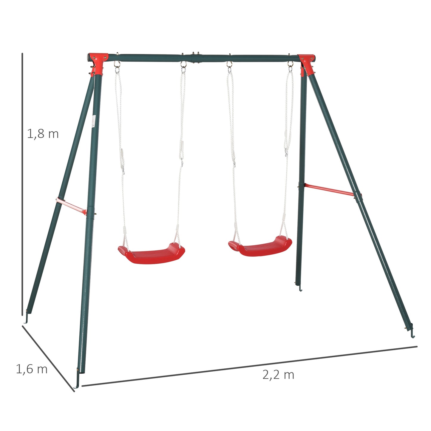 Outsunny Columpio Doble para Niños +3 Años con Soporte de Metal Juego de Columpio Infantil Cuerda Ajustable Exteriores Carga Máx. 40kg 239x156x180 cm Verde Rojo